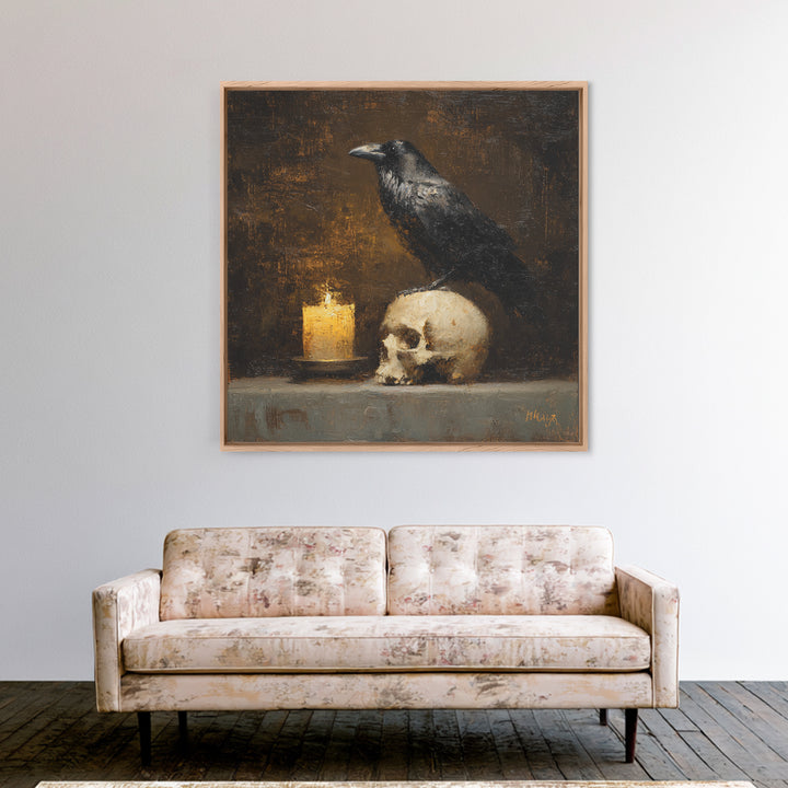 Raven Perched on a Skull Canvas Print, Dark Art, Art Print, Living Room Decor, Oil Painting, Nocturne, Halloween Art, DAR-1x1-97