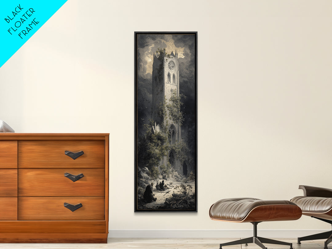 The Overgrown Chapel, Gothic Engraving Art, Tall Narrow Wall Art, Dark Halloween Decor, Canvas Print, Halloween Wall Art