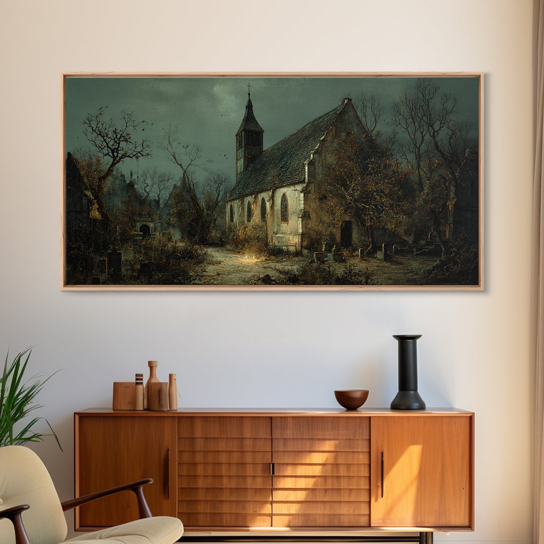 The Overgrown Chapel, Northern Renaissance Horror, Wide Panoramic Art, Dark Halloween Decor, Canvas Print, Halloween Wall Art