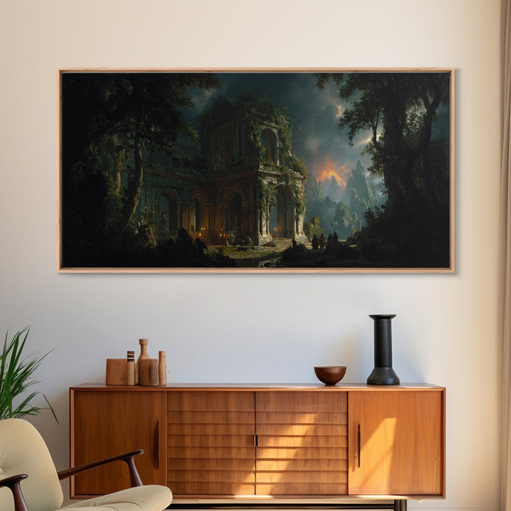 The Overgrown Chapel, Apocalyptic Romantic Art, Wide Panoramic Art, Dark Fantasy Wall Art, Framed Canvas Print, Halloween Wall Art