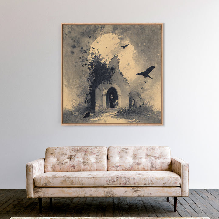 The Overgrown Chapel, Symbolist Dream Art, Square Wall Art, Dark Halloween Decor, Canvas Print, Halloween Wall Art