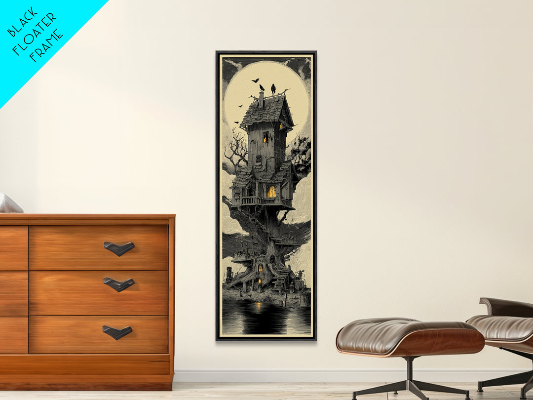 The Foggy Swamp Shack, Gothic Engraving Art, Tall Narrow Wall Art, Dark Halloween Decor, Framed Canvas Print, Halloween Wall Art