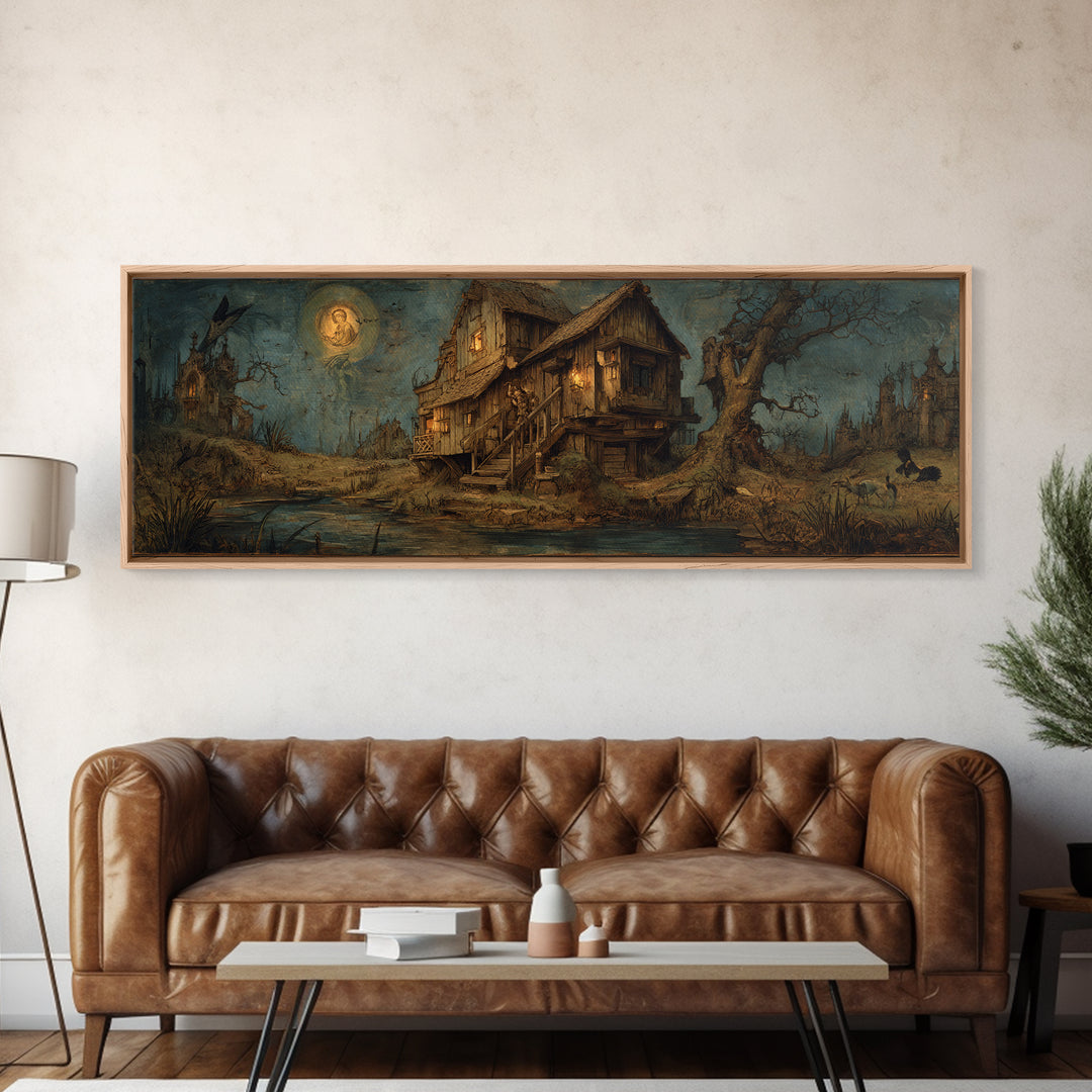 The Foggy Swamp Shack, Dark Renaissance Art, Extra Wide Wall Art, Dark Halloween Decor, Framed Canvas Print, Halloween Wall Art