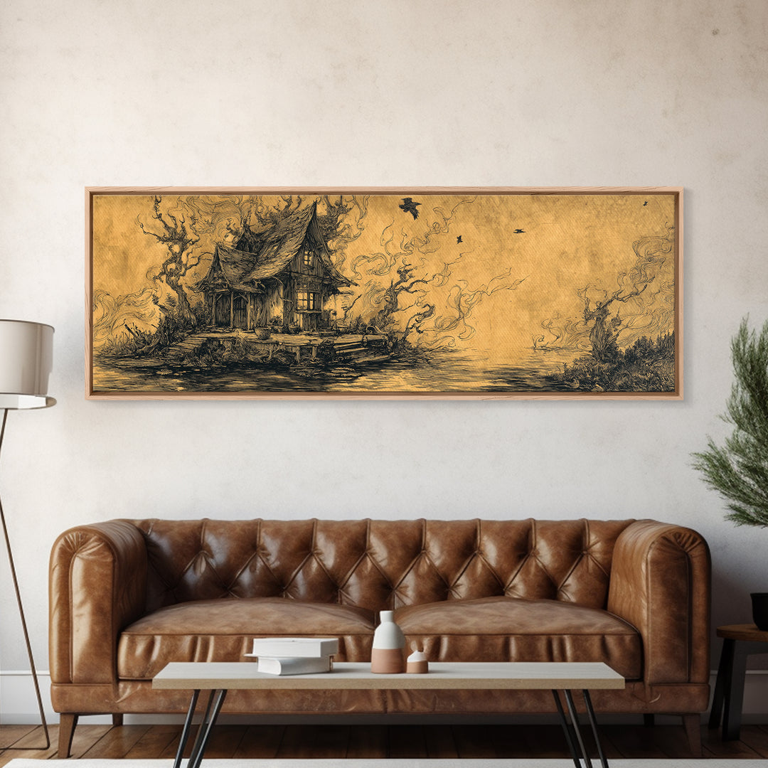 The Foggy Swamp Shack, Renaissance Engraving Art, Extra Wide Wall Art, Macabre Wall Art, Framed Canvas Print, Halloween Wall Art