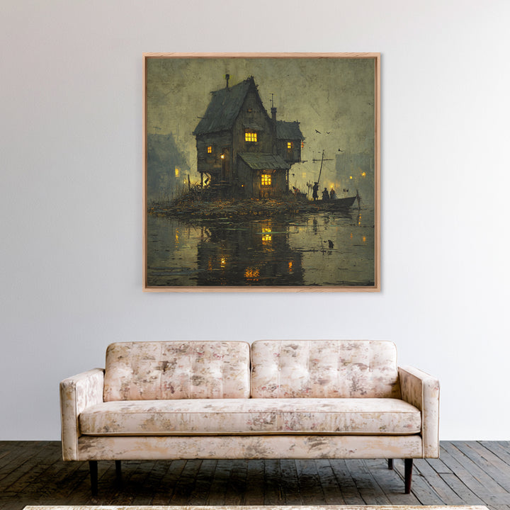 The Foggy Swamp Shack, Danse Macabre Art, Square Wall Art, Gothic Horror Wall Art, Framed Canvas Print