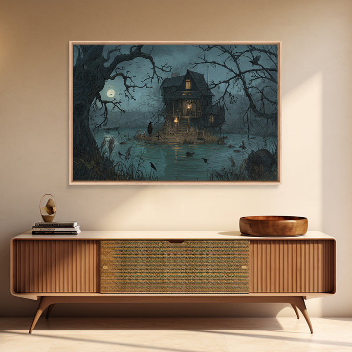 The Foggy Swamp Shack, Baroque Witchcraft Art, Landscape Wall Art, Gothic Horror Wall Art, Canvas Print, Halloween Wall Art