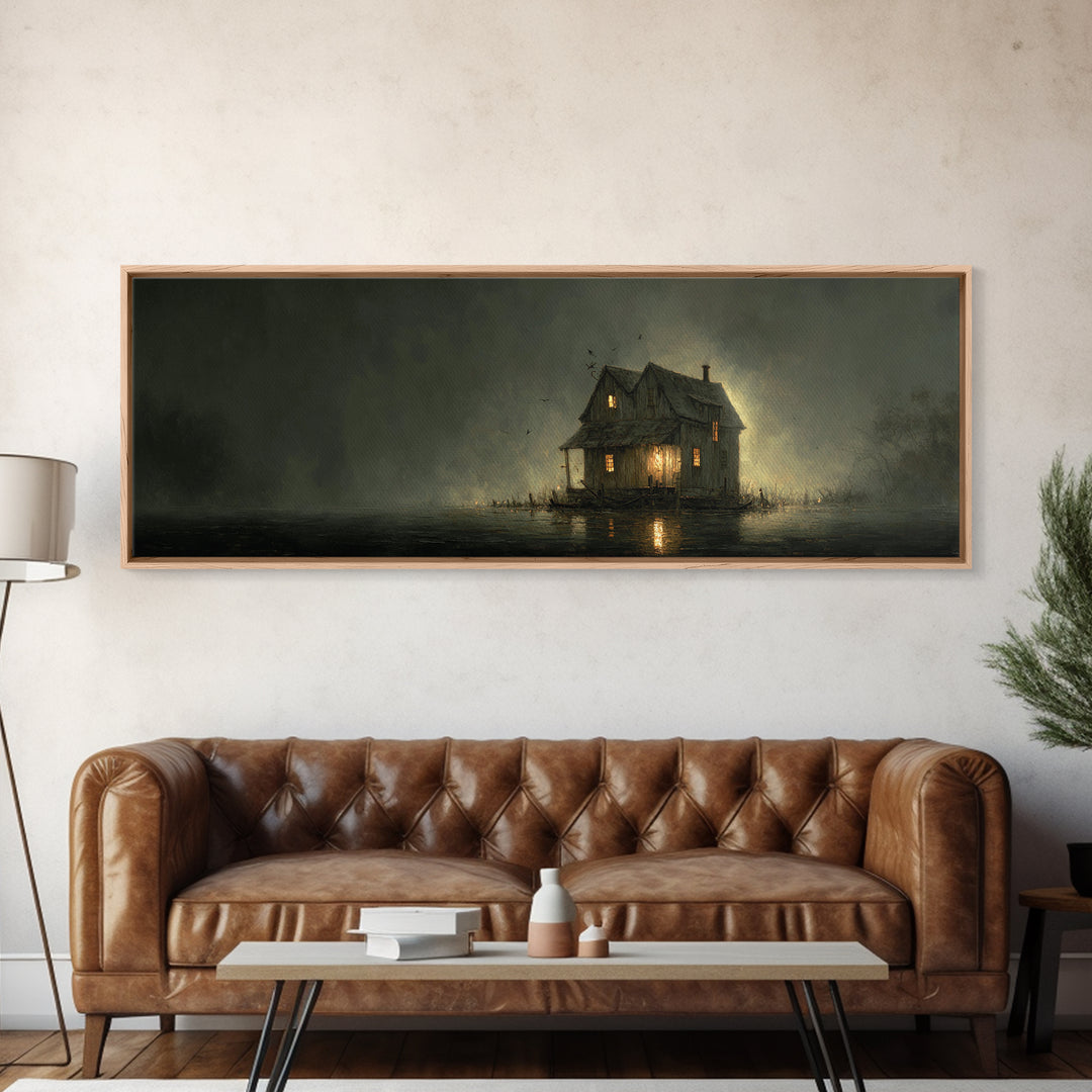 The Foggy Swamp Shack, Dark Romantic Horror Art, Extra Wide Wall Art, Macabre Wall Art, Canvas Print, Halloween Wall Art