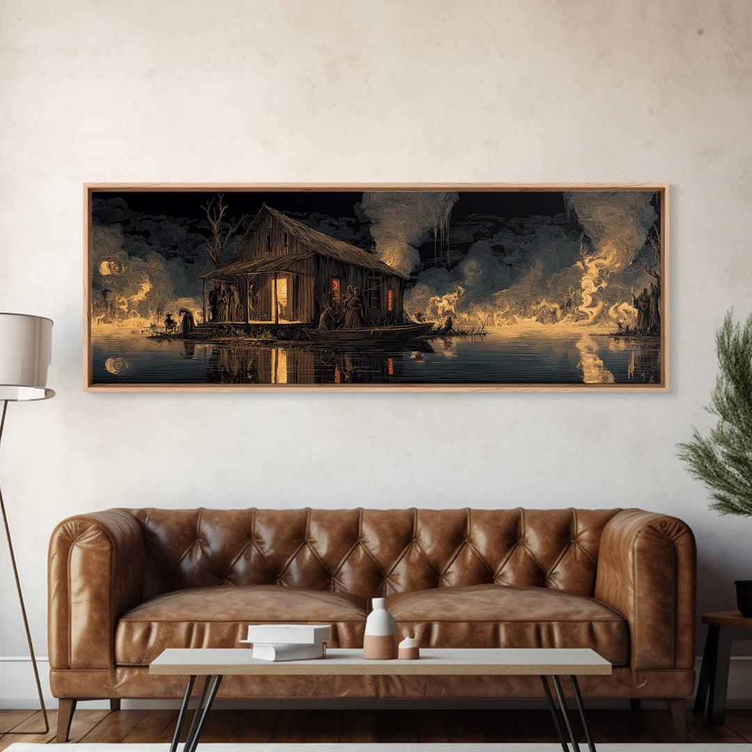 The Foggy Swamp Shack, Visionary Gothic Art, Extra Wide Wall Art, Dark Halloween Decor, Framed Canvas Print, Halloween Wall Art
