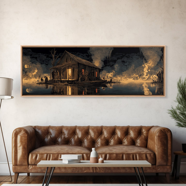 The Foggy Swamp Shack, Visionary Gothic Art, Extra Wide Wall Art, Dark Halloween Decor, Framed Canvas Print, Halloween Wall Art