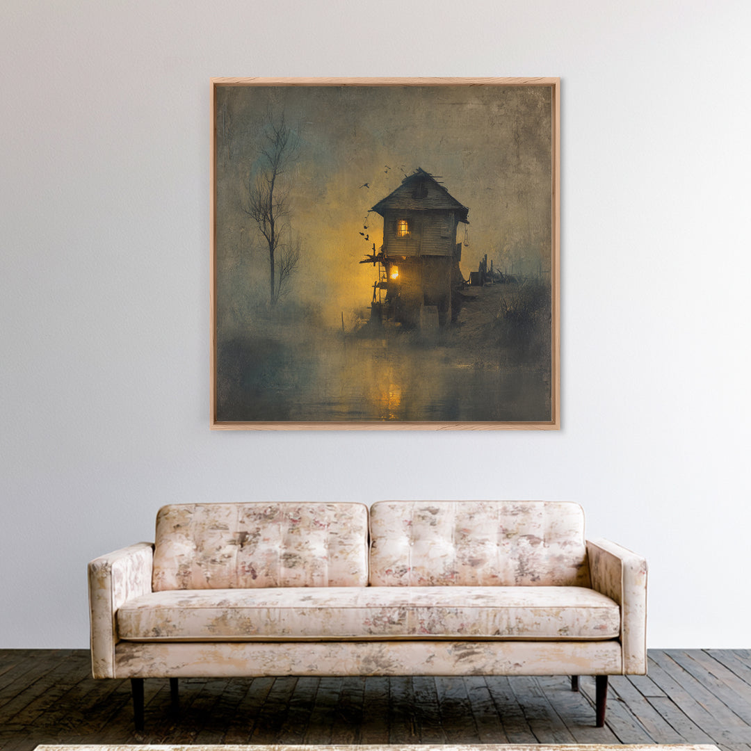 The Foggy Swamp Shack, Symbolist Dream Art, Square Wall Art, Dark Fantasy Wall Art, Canvas Print, Halloween Wall Art, Macabre Wall Art