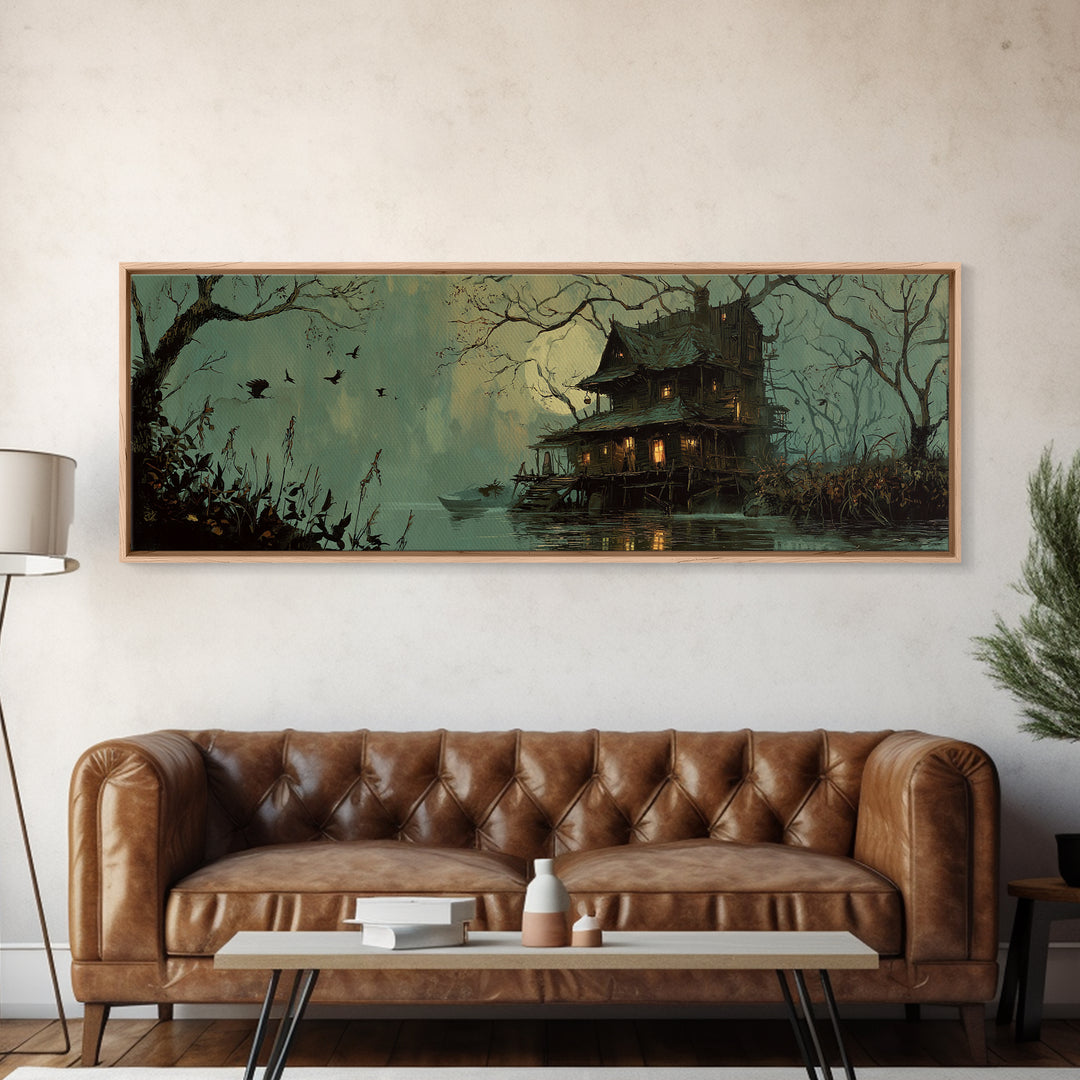 The Foggy Swamp Shack, Decadent Gothic Art, Extra Wide Wall Art, Macabre Wall Art, Framed Canvas Print, Halloween Wall Art