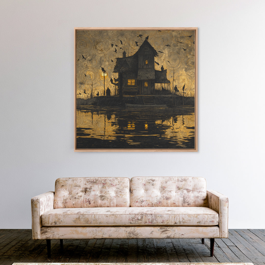 The Foggy Swamp Shack, Dark Symbolist Art, Square Wall Art, Macabre Wall Art, Framed Canvas Print, Halloween Wall Art