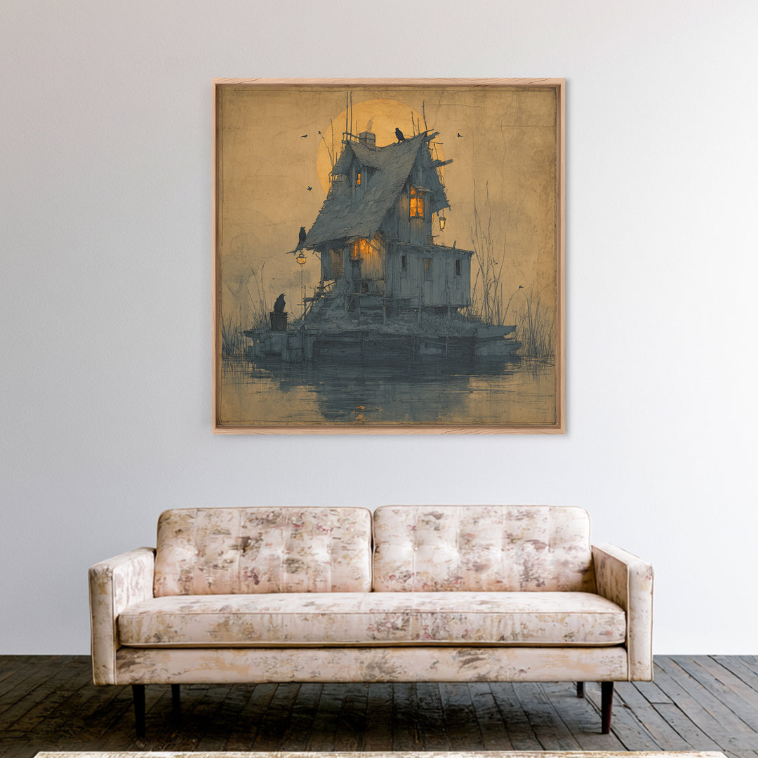 The Foggy Swamp Shack, Symbolist Etching Art, Square Wall Art, Dark Halloween Decor, Framed Canvas Print, Halloween Wall Art
