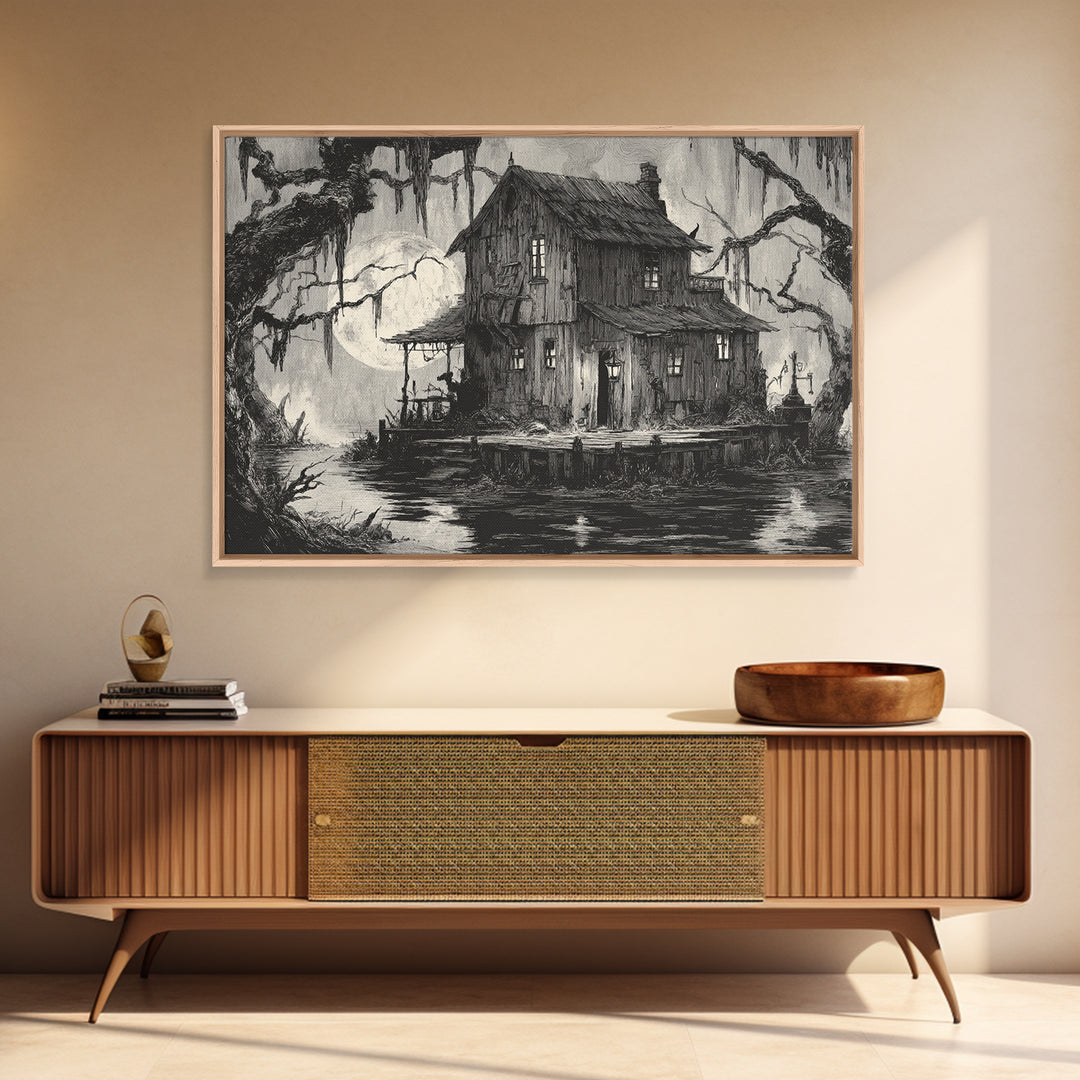The Foggy Swamp Shack, Expressionist Nightmare Art, Landscape Wall Art, Gothic Horror Wall Art, Canvas Print, Halloween Wall Art