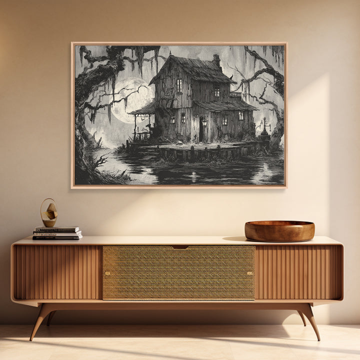 The Foggy Swamp Shack, Expressionist Nightmare Art, Landscape Wall Art, Gothic Horror Wall Art, Canvas Print, Halloween Wall Art