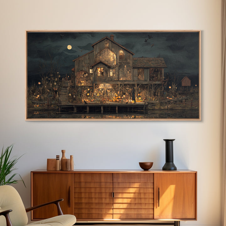 The Foggy Swamp Shack, Grotesque Carnival Art, Wide Panoramic Art, Gothic Horror Wall Art, Framed Canvas Print, Halloween Wall Art