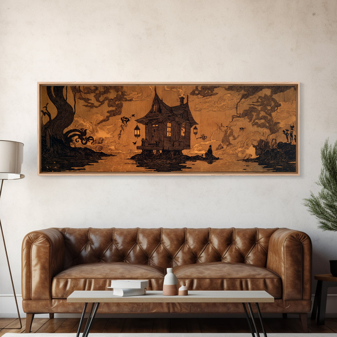 The Foggy Swamp Shack, Decadent Line Art, Extra Wide Wall Art, Dark Fantasy Wall Art, Framed Canvas Print, Halloween Wall Art