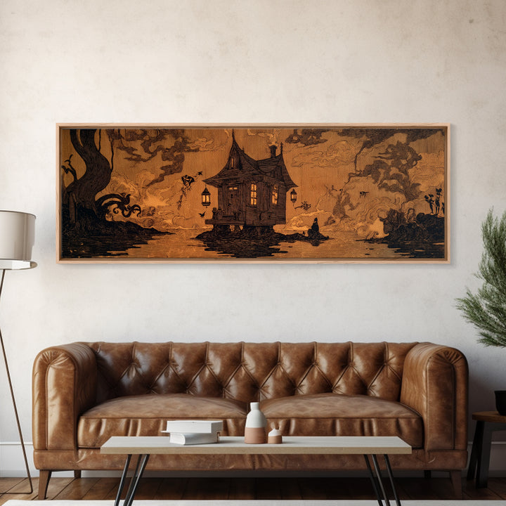 The Foggy Swamp Shack, Decadent Line Art, Extra Wide Wall Art, Dark Fantasy Wall Art, Framed Canvas Print, Halloween Wall Art