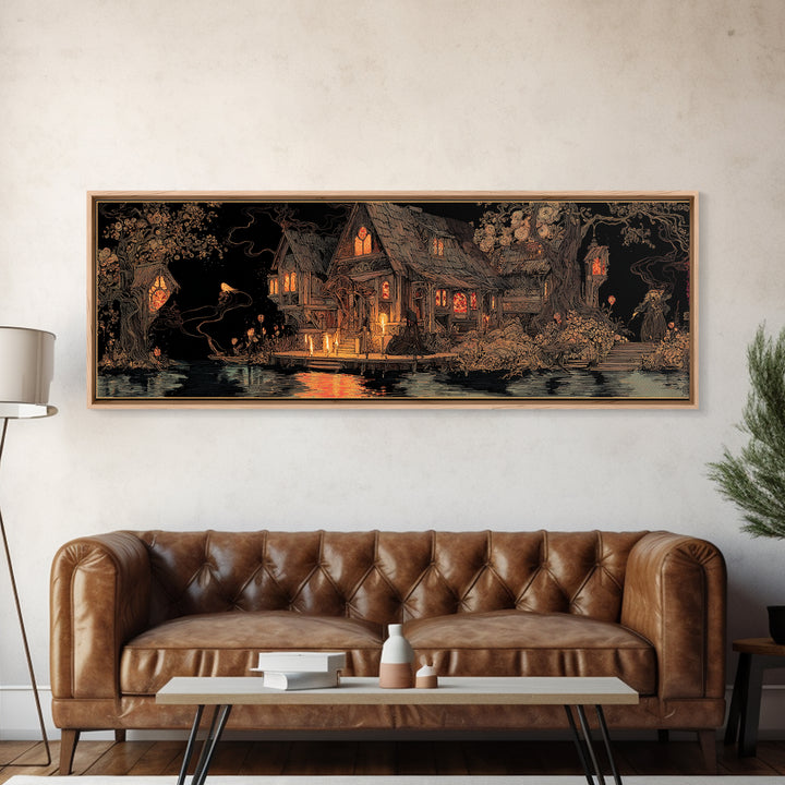 The Foggy Swamp Shack, Stained Glass Gothic Art, Extra Wide Wall Art, Macabre Wall Art, Framed Canvas Print, Halloween Wall Art