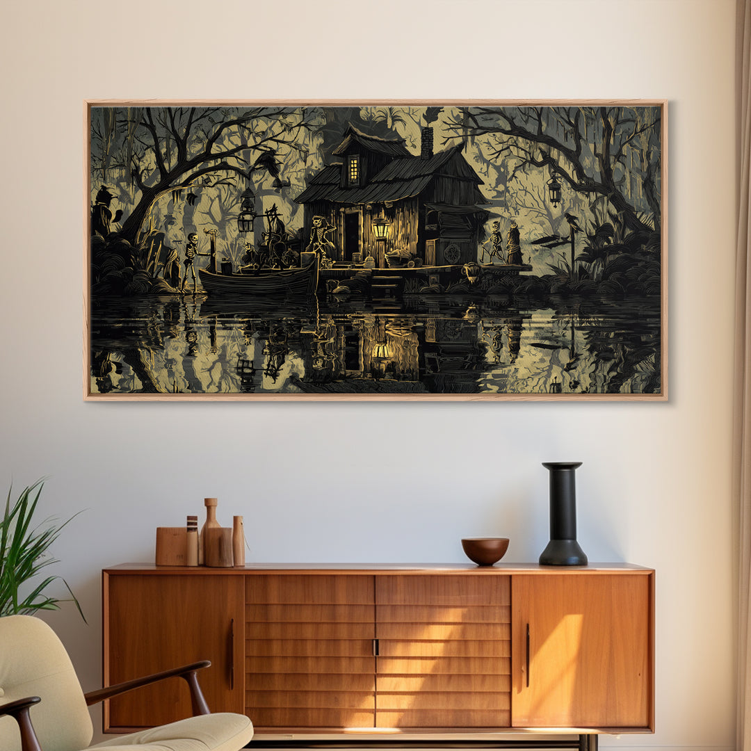 The Foggy Swamp Shack, Macabre Folk Print Art, Wide Panoramic Art, Gothic Horror Wall Art, Canvas Print, Halloween Wall Art