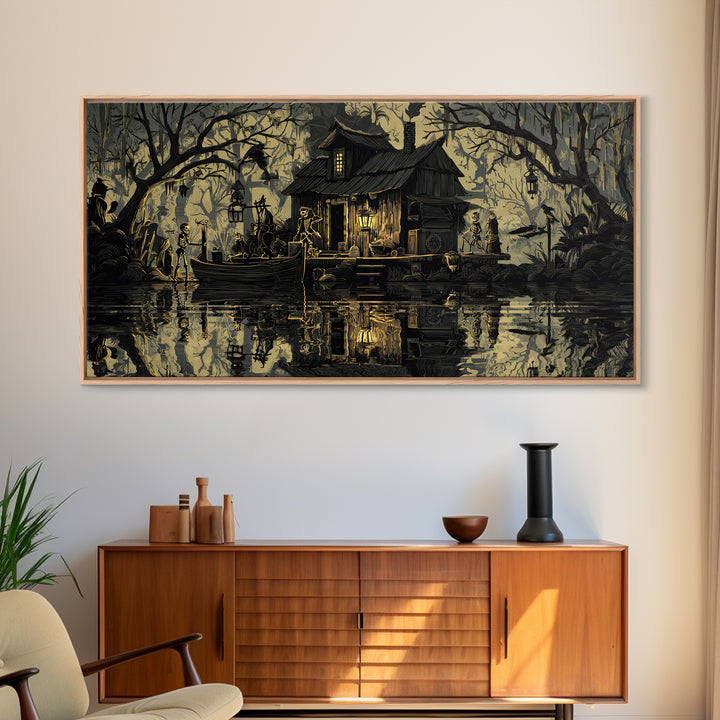 The Foggy Swamp Shack, Macabre Folk Print Art, Wide Panoramic Art, Gothic Horror Wall Art, Canvas Print, Halloween Wall Art