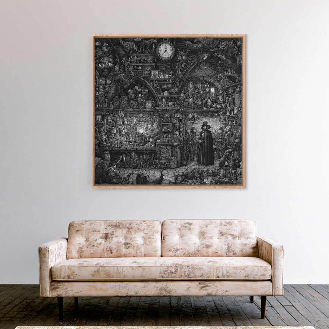 The Midnight Antique Shop, Renaissance Engraving Art, Square Wall Art, Dark Fantasy Wall Art, Framed Canvas Print, Halloween Wall Art