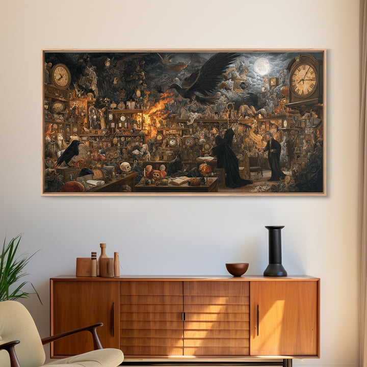 The Midnight Antique Shop, Visionary Gothic Art, Wide Panoramic Art, Gothic Horror Wall Art, Framed Canvas Print, Halloween Wall Art