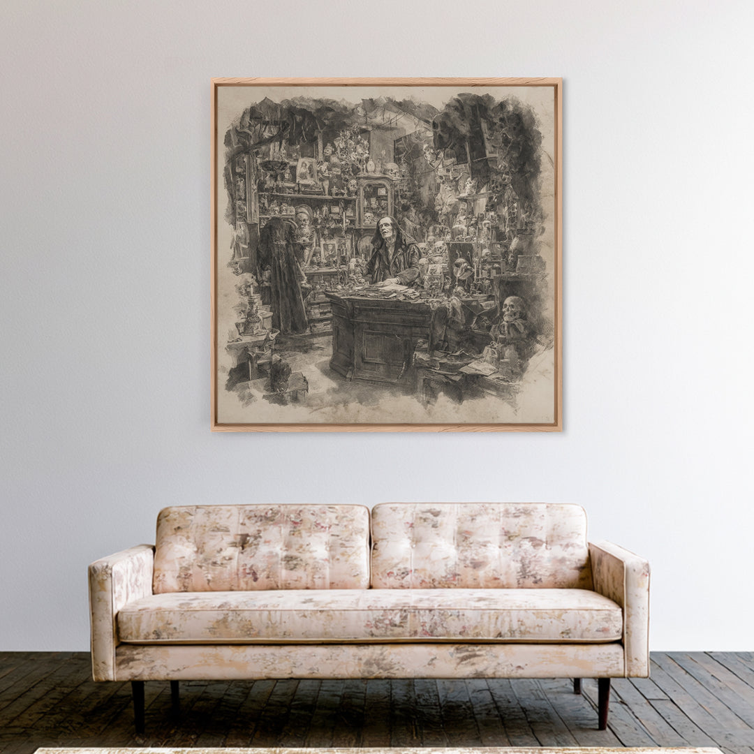 The Midnight Antique Shop, Decadent Gothic Art, Square Wall Art, Gothic Horror Wall Art, Framed Canvas Print, Halloween Wall Art