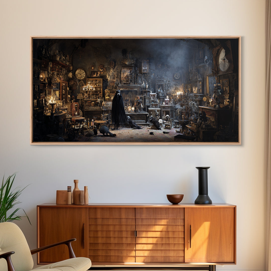 The Midnight Antique Shop, Expressionist Nightmare Art, Wide Panoramic Art, Gothic Horror Wall Art, Canvas Print, Halloween Wall Art