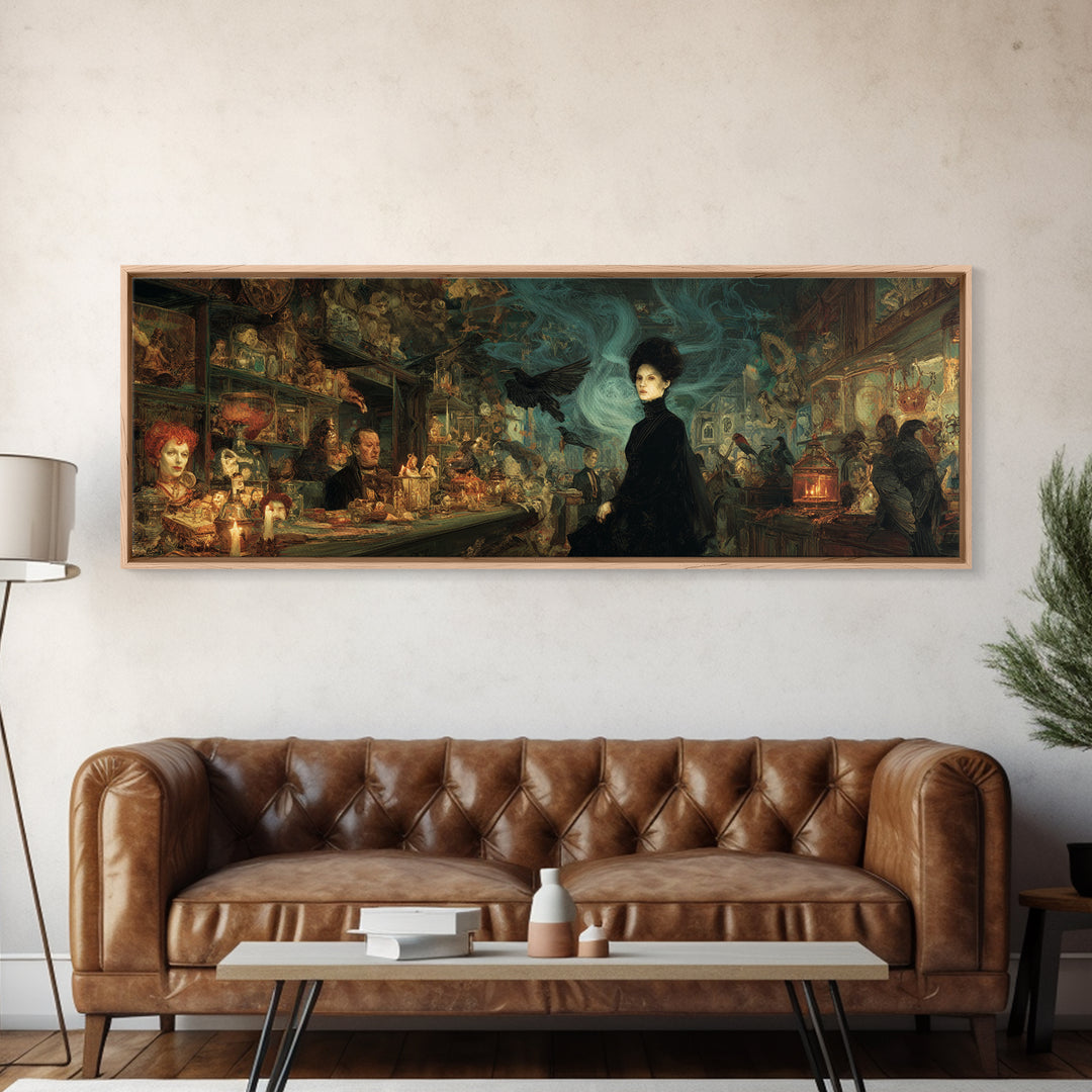 The Midnight Antique Shop, Expressionist Gothic Art, Extra Wide Wall Art, Dark Halloween Decor, Framed Canvas Print, Halloween Wall Art