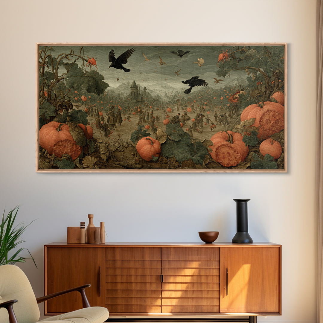 The Pumpkin Patch Maze, Northern Renaissance Horror, Wide Panoramic Art, Macabre Wall Art, Framed Canvas Print, Halloween Wall Art