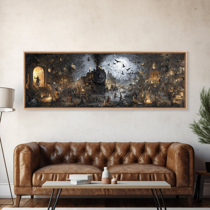 The Abandoned Train Station, Medieval Grotesque Art, Extra Wide Wall Art, Dark Halloween Decor, Canvas Print, Halloween Wall Art