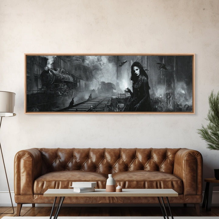 The Abandoned Train Station, Renaissance Engraving Art, Extra Wide Wall Art, Dark Halloween Decor, Canvas Print, Halloween Wall Art