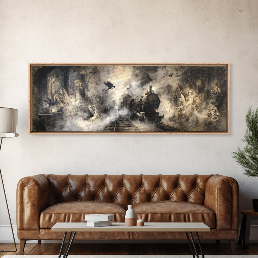 The Abandoned Train Station, Dark Romantic Horror Art, Extra Wide Wall Art, Macabre Wall Art, Canvas Print, Halloween Wall Art