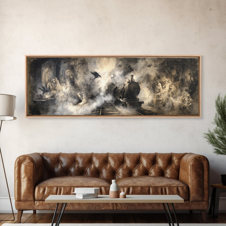 The Abandoned Train Station, Dark Romantic Horror Art, Extra Wide Wall Art, Macabre Wall Art, Canvas Print, Halloween Wall Art