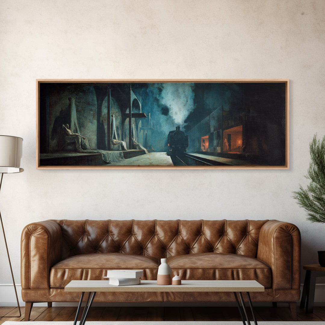 The Abandoned Train Station, Gothic Nightmare Art, Extra Wide Wall Art, Dark Halloween Decor, Canvas Print, Halloween Wall Art