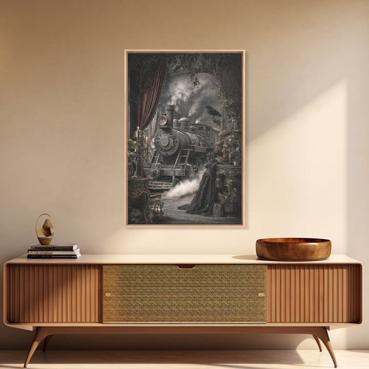 The Abandoned Train Station, Ornate Symbolist Art, Vertical Wall Art, Macabre Wall Art, Canvas Print, Halloween Wall Art