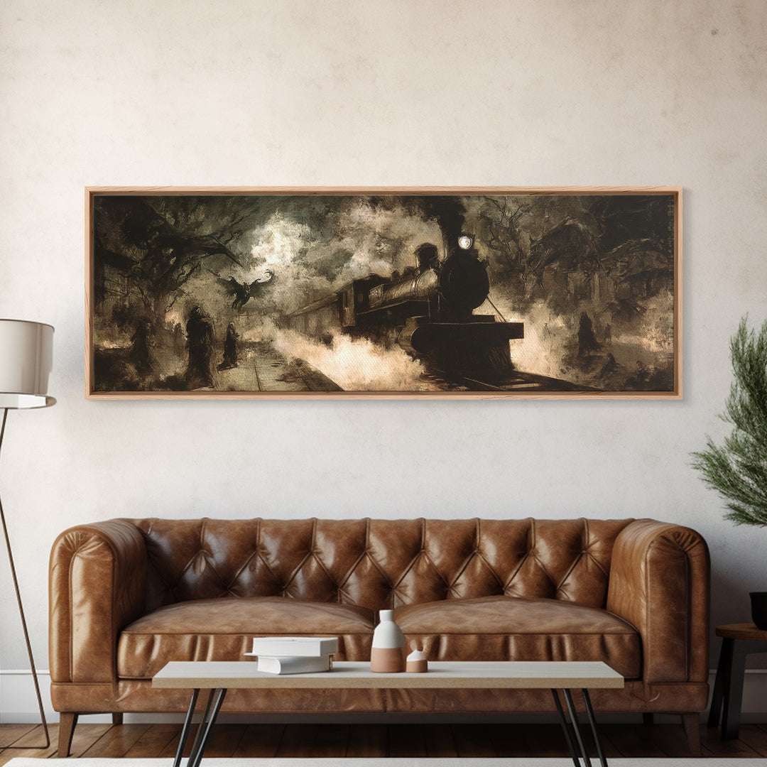 The Abandoned Train Station, Dark Symbolist Art, Extra Wide Wall Art, Macabre Wall Art, Framed Canvas Print, Halloween Wall Art
