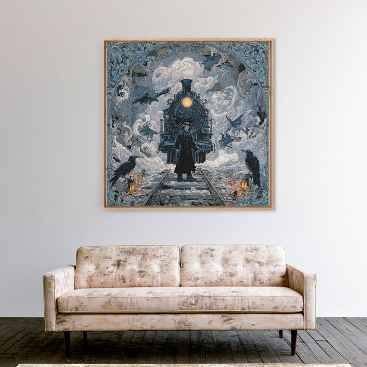 The Abandoned Train Station, Symbolist Etching Art, Square Wall Art, Macabre Wall Art, Framed Canvas Print, Halloween Wall Art
