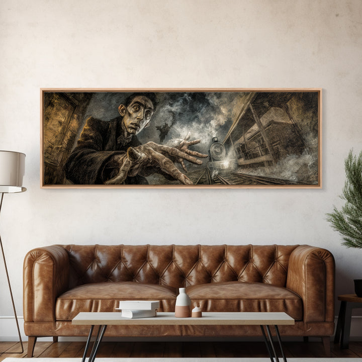 The Abandoned Train Station, Expressionist Gothic Art, Extra Wide Wall Art, Macabre Wall Art, Framed Canvas Print, Halloween Wall Art