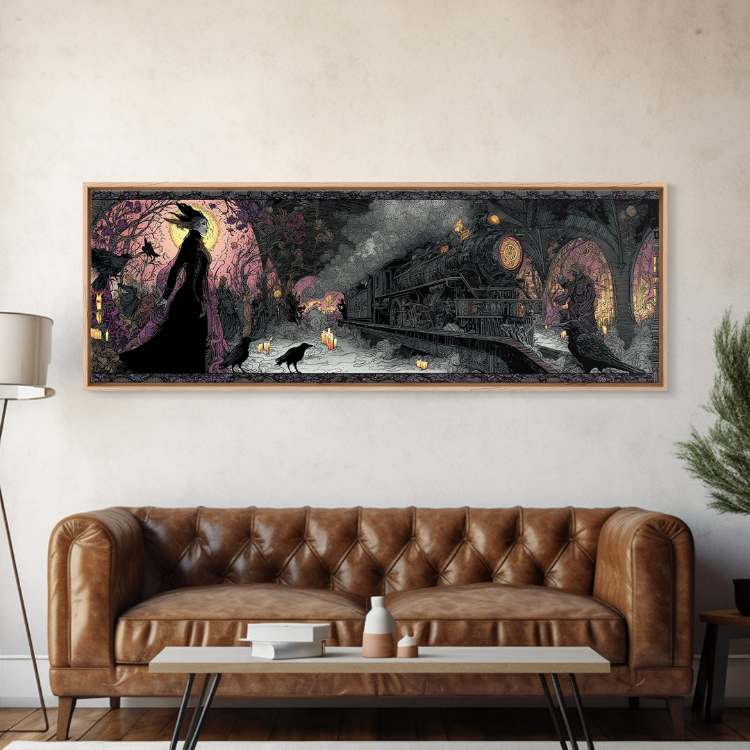 The Abandoned Train Station, Stained Glass Gothic Art, Extra Wide Wall Art, Dark Fantasy Wall Art, Canvas Print, Halloween Wall Art