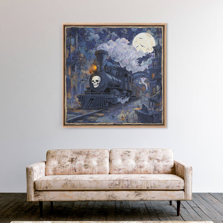 The Abandoned Train Station, Macabre Folk Print Art, Square Wall Art, Dark Halloween Decor, Canvas Print, Halloween Wall Art