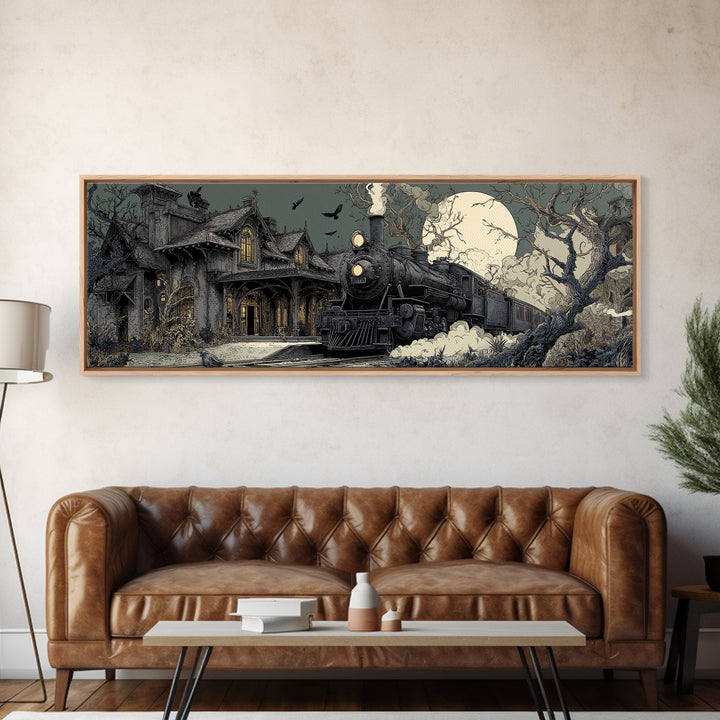 The Abandoned Train Station, Victorian Macabre Art, Extra Wide Wall Art, Dark Halloween Decor, Framed Canvas Print, Halloween Wall Art