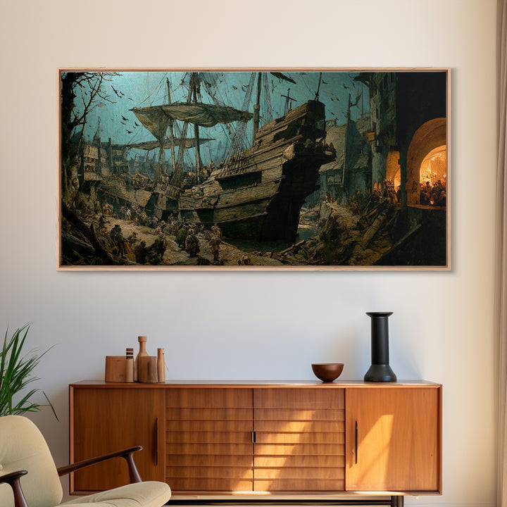 The Shipwreck Cove, Northern Renaissance Horror, Wide Panoramic Art, Dark Halloween Decor, Canvas Print, Halloween Wall Art