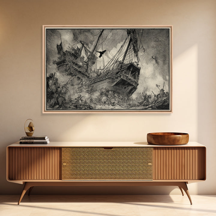 The Shipwreck Cove, Renaissance Engraving Art, Landscape Wall Art, Dark Halloween Decor, Canvas Print, Halloween Wall Art