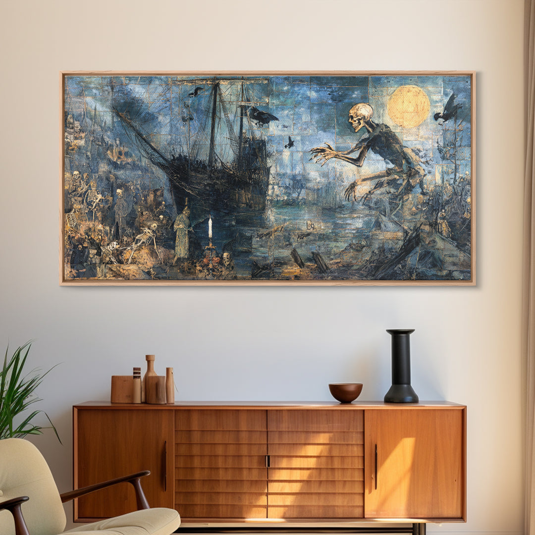 The Shipwreck Cove, Grotesque Carnival Art, Wide Panoramic Art, Dark Fantasy Wall Art, Framed Canvas Print, Halloween Wall Art