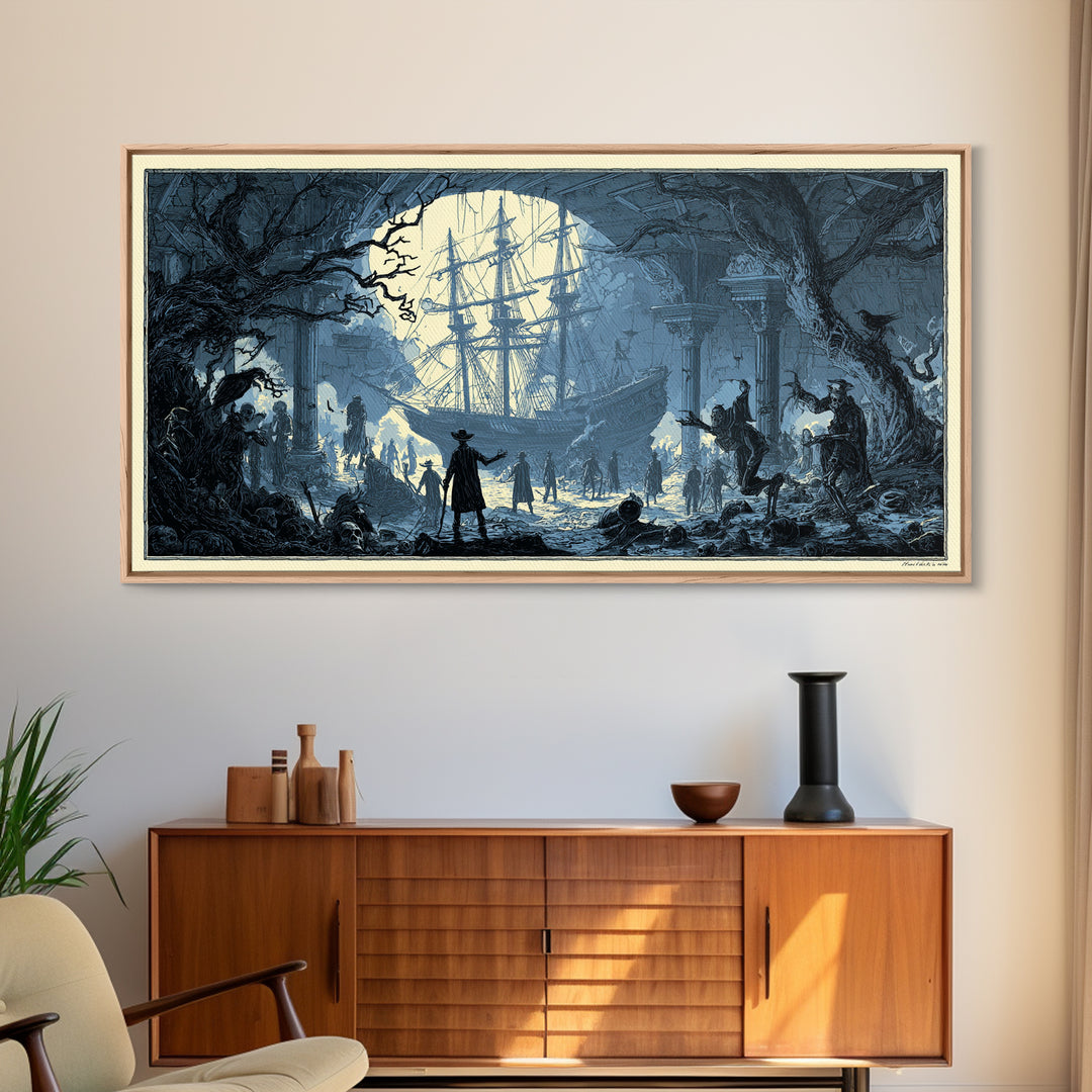 The Shipwreck Cove, Macabre Folk Print Art, Wide Panoramic Art, Macabre Wall Art, Framed Canvas Print, Halloween Wall Art