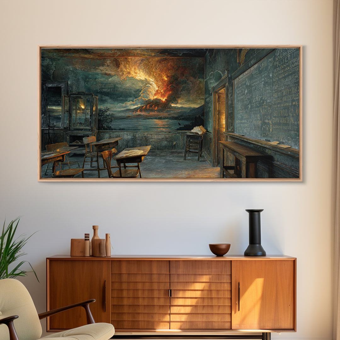 The Silent Schoolhouse, Apocalyptic Romantic Art, Wide Panoramic Art, Dark Halloween Decor, Framed Canvas Print, Halloween Wall Art