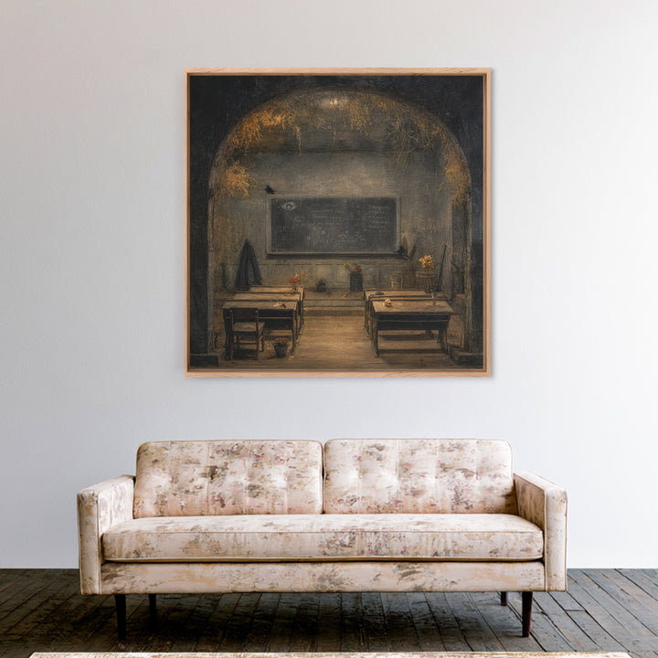 The Silent Schoolhouse, Symbolist Dream Art, Square Wall Art, Dark Halloween Decor, Framed Canvas Print, Halloween Wall Art