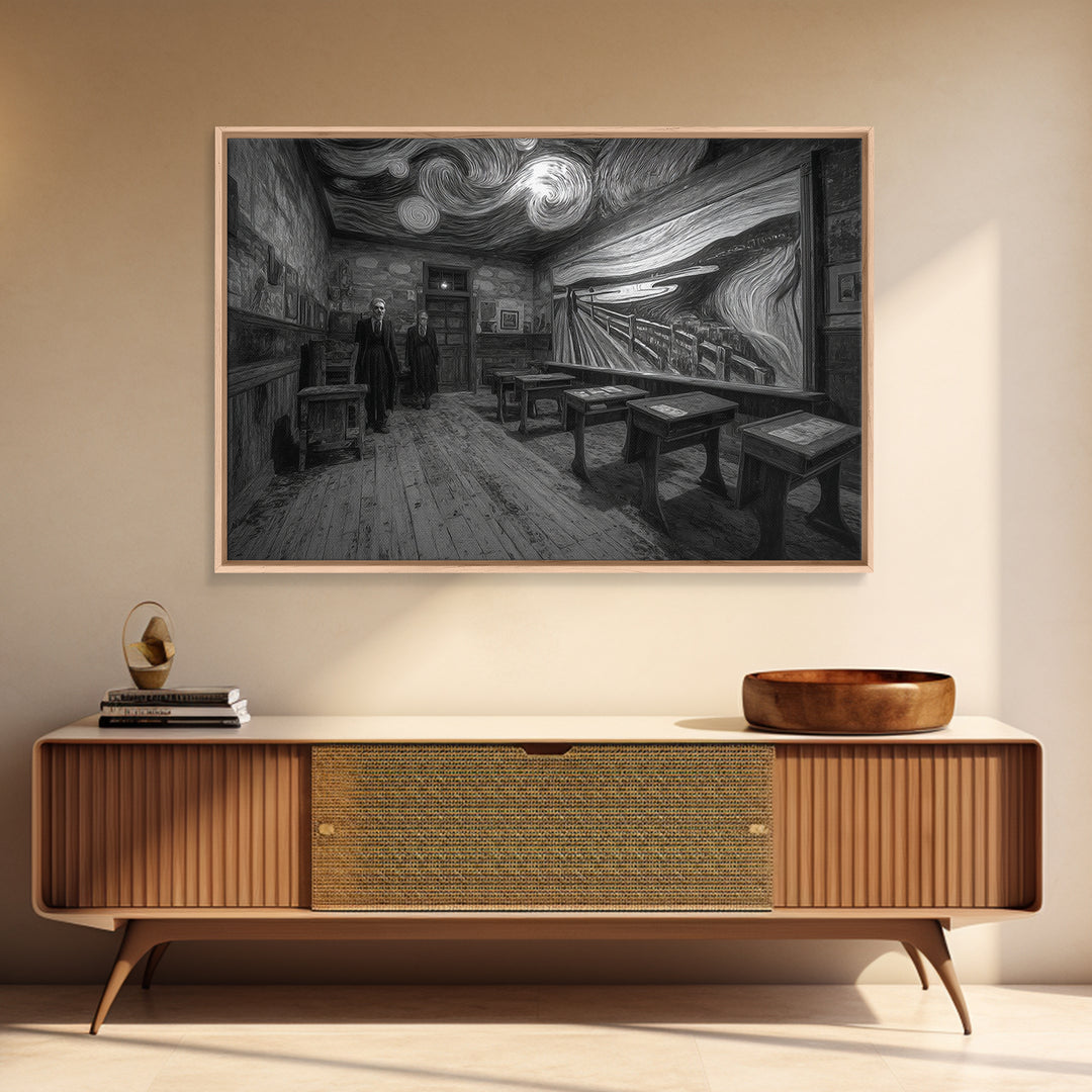The Silent Schoolhouse, Expressionist Gothic Art, Landscape Wall Art, Dark Halloween Decor, Framed Canvas Print, Halloween Wall Art